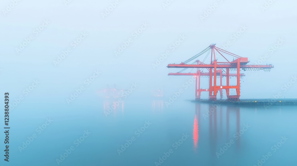 Harbor Fog Shrouded Cargo, mist enveloping the docks as cranes operate under a mix of soft light, creating a serene yet bustling maritime atmosphere. Harbor Fog Shrouded Cargo, mist enveloping the docks as cranes operate under a mix of soft light, creating a serene yet bustling maritime atmosphere.