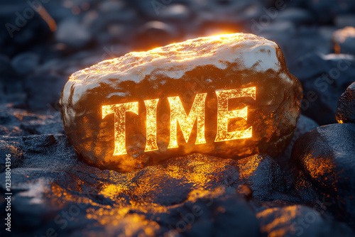 Time is Gold Illustration, Shining and Illuminating Engraved on a Gold Nugget