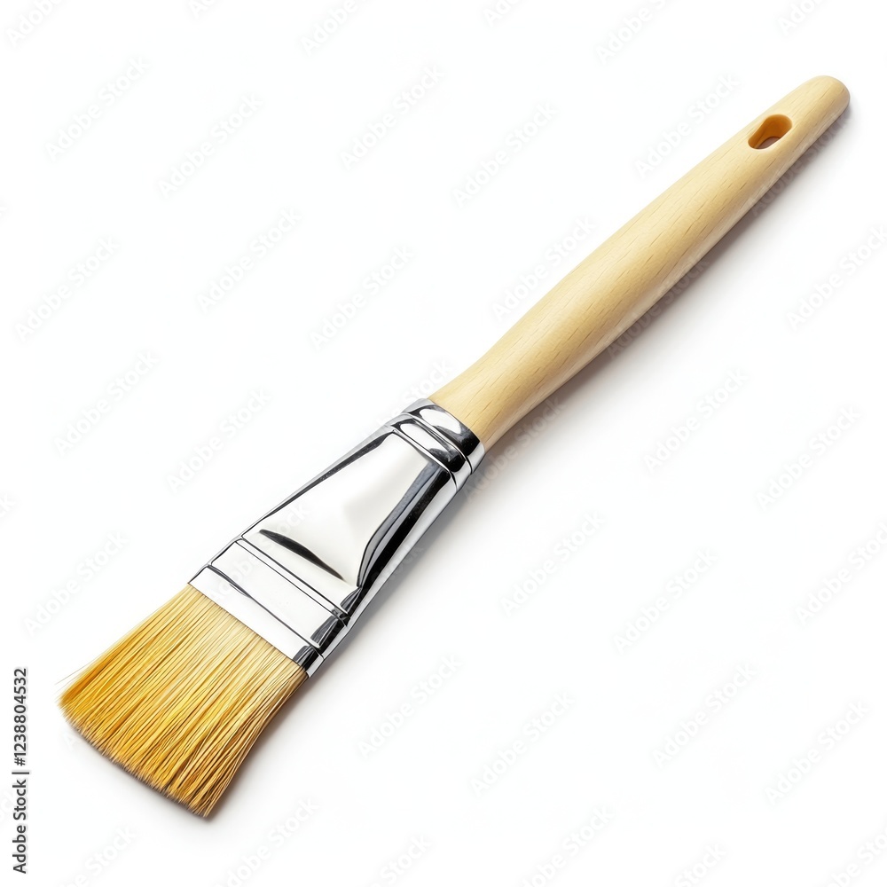 A paintbrush with a wooden handle on a white surface, great for art and craft projects A paintbrush with a wooden handle on a white surface, great for art and craft projects