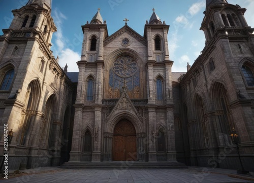 Tall church with a grand entrance and imposing facade , stone, grandeur, architecture