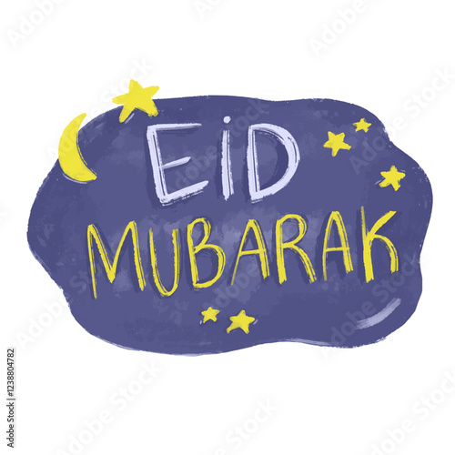 Eid al fitr adha mubarak text word typography greeting card watercolor illustration design islamic arabic vector cute stars moon kids blue grey gray yellow baby nursery clipart wallpaper