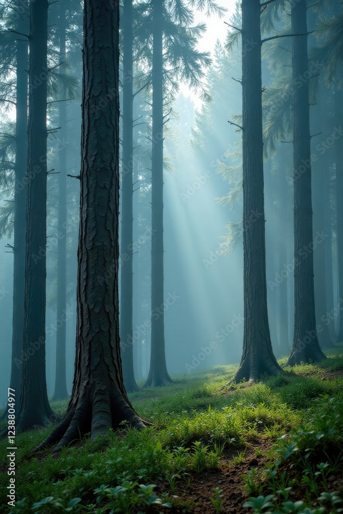 Fototapeta premium Tapering pine trunks amidst misty forest layer, pine trees, greenery