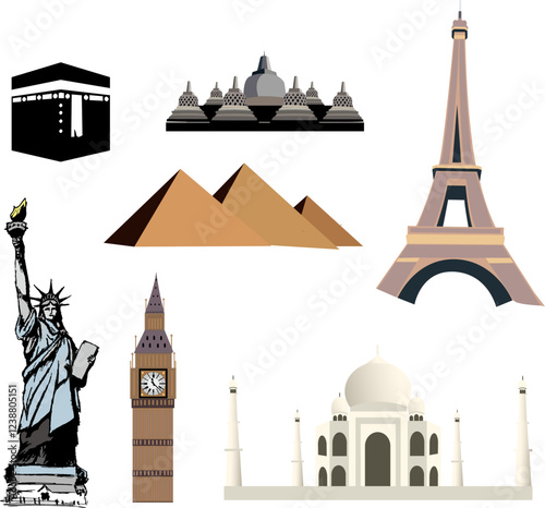 Vector illustration of world famous building icons, kaaba, borobudur, eiffel tower, statue of liberty, taj mahal, egyptian pyramids, world architecture icons