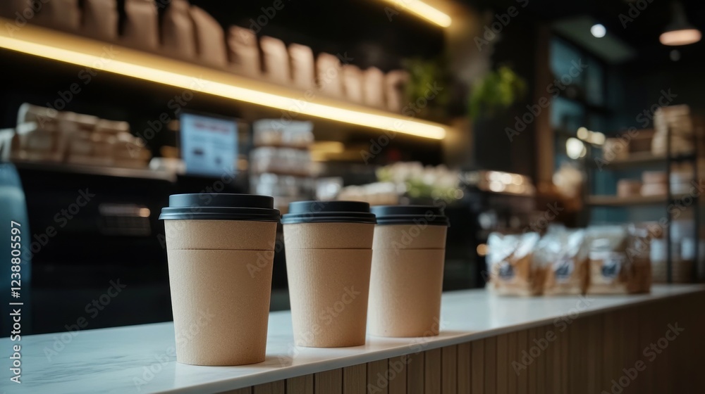 Fototapeta premium Coffee shop counter, three takeaway cups, bakery background
