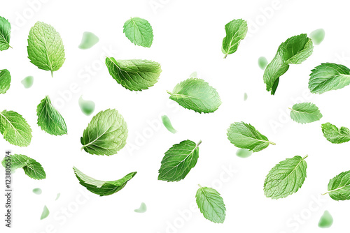 Fresh green Falling basil leaves isolated on white background