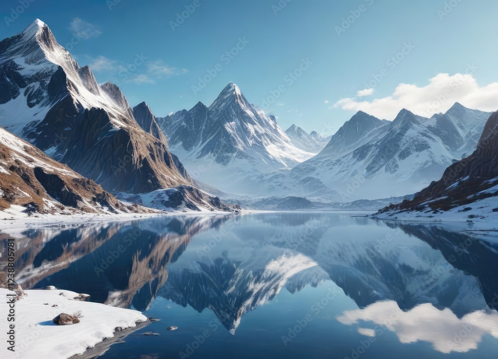 Fototapeta premium The snow-capped mountains reflect the bright blue sky like a mirror, winter wonderland, mirrored effect, serene landscape