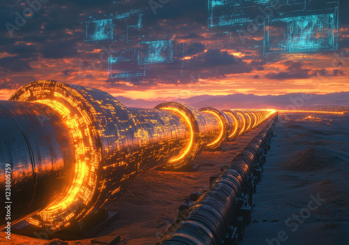 Glowing oil pipelines in desert landscape with digital elements