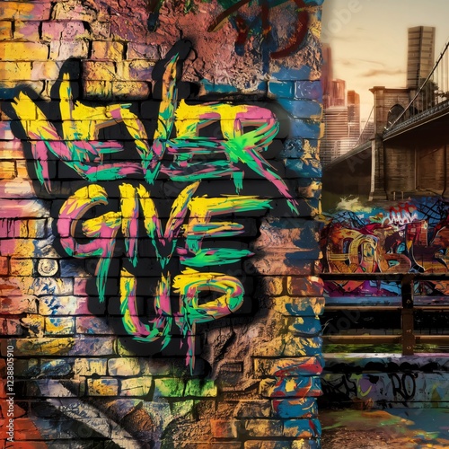 Motivational graffiti with 'Never Give Up' on urban wall	
