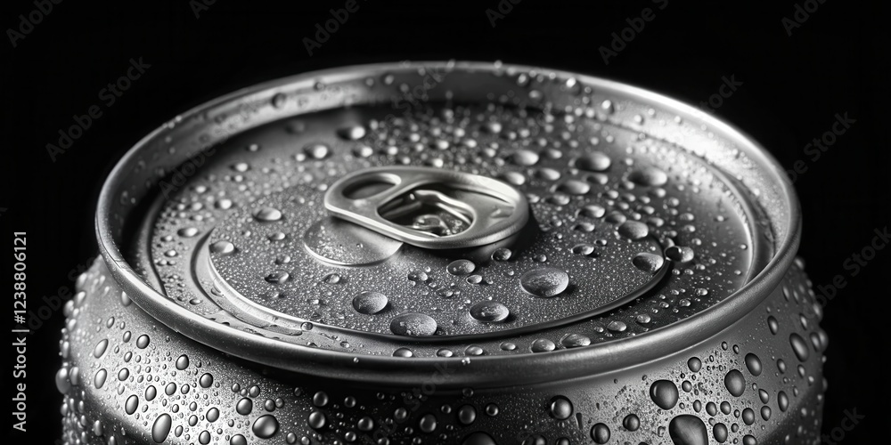 Close-up of aluminum can with condensation droplets, isolated on black background, highlighting the shiny metal surface and transparent water droplets, aluminum, droplets Close-up of aluminum can with condensation droplets, isolated on black background, highlighting the shiny metal surface and transparent water droplets, aluminum, droplets