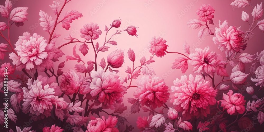 Fototapeta premium A beautiful arrangement of pink peonies and leaves creates a stunning floral design. The petals boast various shades of pink against a soft gradient backdrop, enhancing the overall elegance.