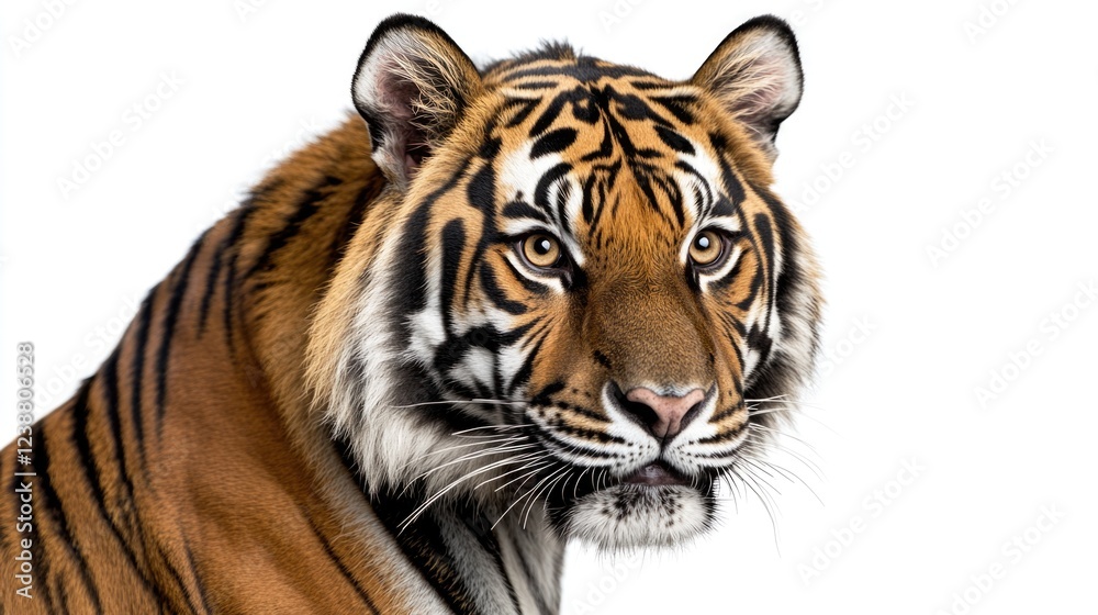A close-up view of a tiger's face on a white background, great for wildlife or animal-related themes A close-up view of a tiger's face on a white background, great for wildlife or animal-related themes