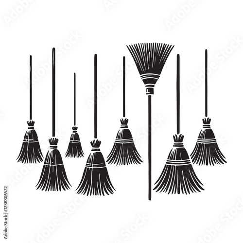 Collection of Hanging Brooms Silhouette Vector Art