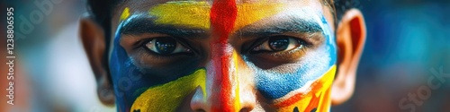 Close-up portrait of a person with vibrant, colorful makeup