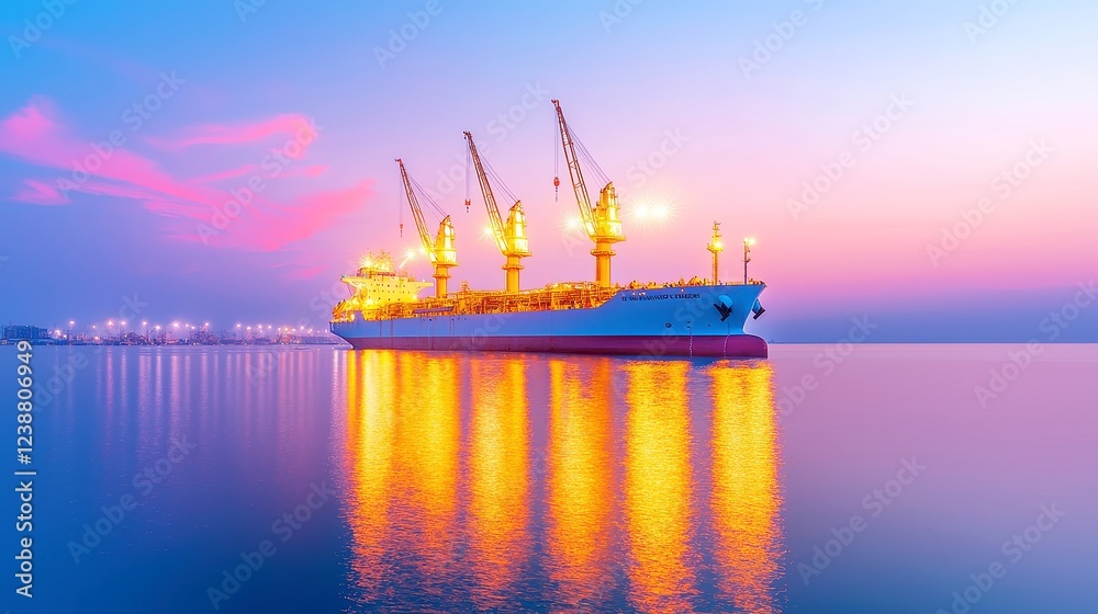 Fototapeta premium Nighttime Shipbuilding Yard, cranes towering over a cargo vessel under bright floodlights, industrial ambiance, serene atmosphere, open space, focus on craftsmanship and engineering