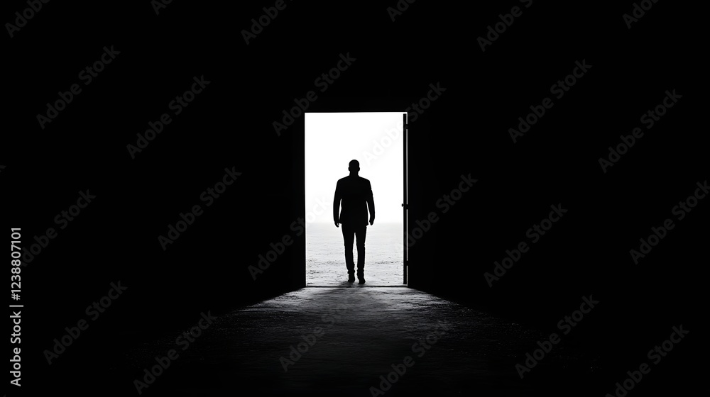 Silhouetted Figure Walking Through Bright Doorway into Light,Depicting Transition from Confinement Silhouetted Figure Walking Through Bright Doorway into Light,Depicting Transition from Confinement