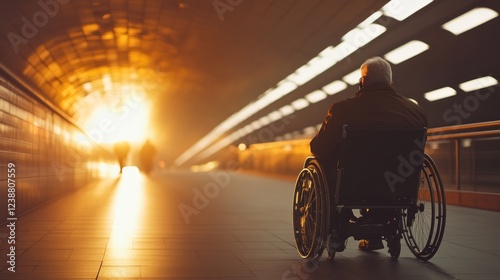 Elderly man wheelchair sunset underpass transit hope photo