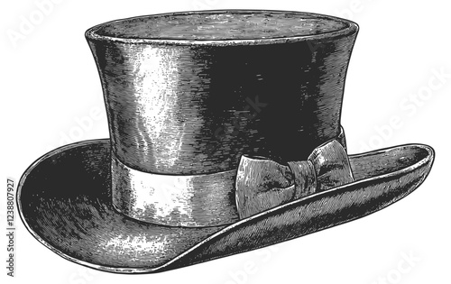 Top Hat Detailed Vintage Engraving Illustration on White Background with Intricate Texture Classic Fashion Accessory Art Antique Style Retro Headwear Victorian Era Graphic