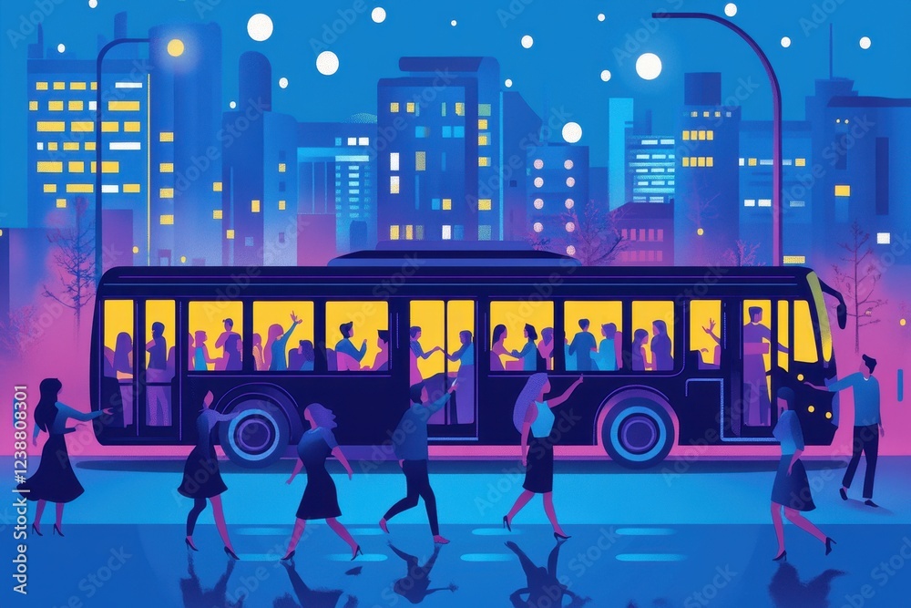 Fototapeta premium Vibrant City Evening Scene with Bus and People in Urban Setting