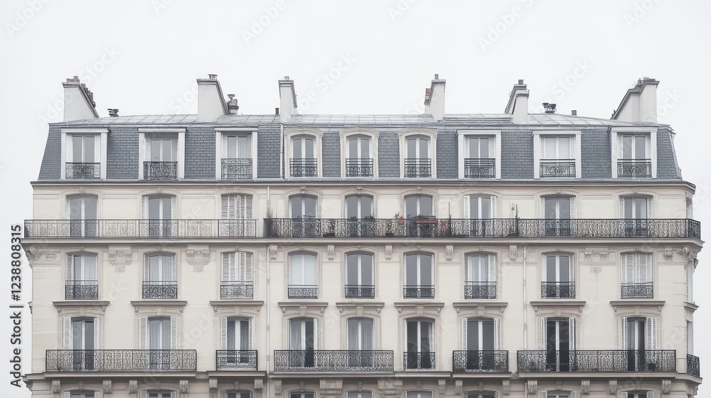 Elegant parisian building with classic black balconies and chimney details on a cloudy day Elegant parisian building with classic black balconies and chimney details on a cloudy day