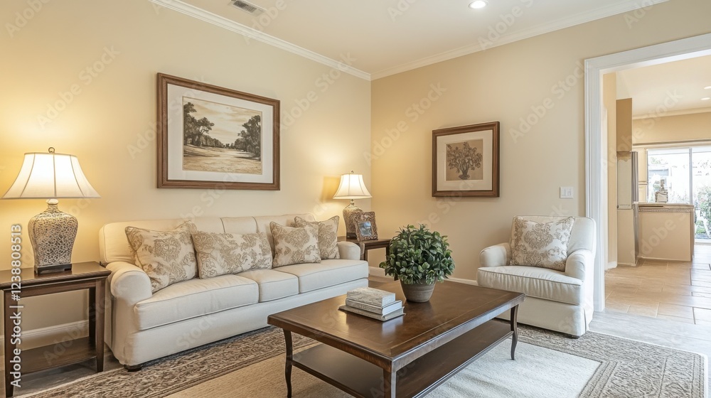 Cozy living room with beige sofa, decorative pillows, and elegant lamplight in a softly lit interior Cozy living room with beige sofa, decorative pillows, and elegant lamplight in a softly lit interior