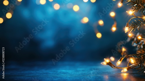 Glowing christmas tree lights against blue background with holiday bokeh effect
