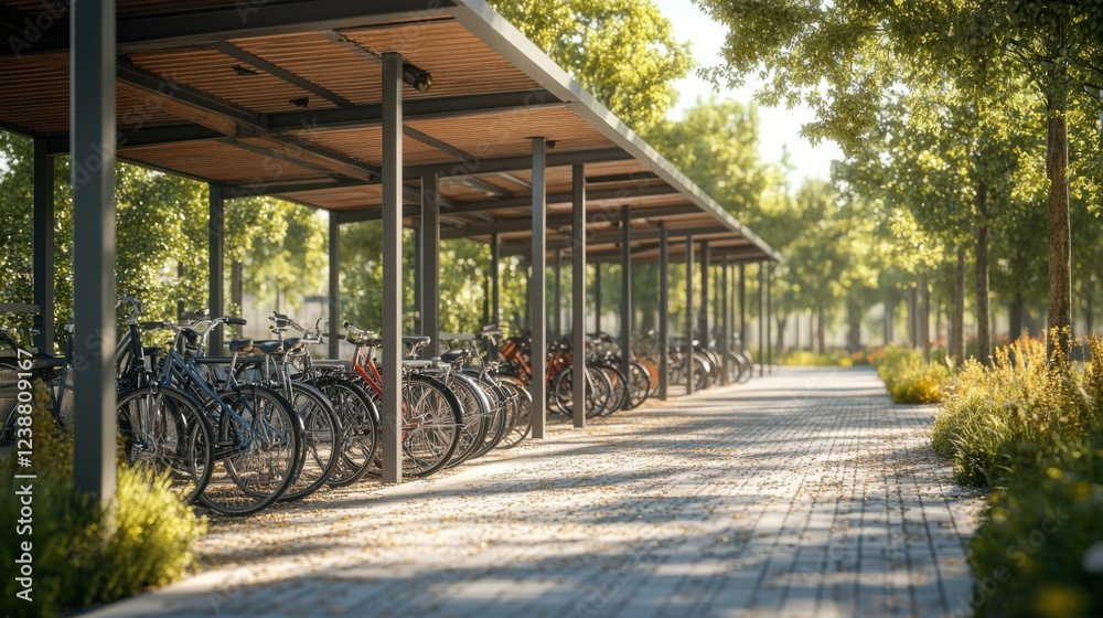 Sunny urban bike rack with bicycles under shaded shelter in tree-lined park Sunny urban bike rack with bicycles under shaded shelter in tree-lined park