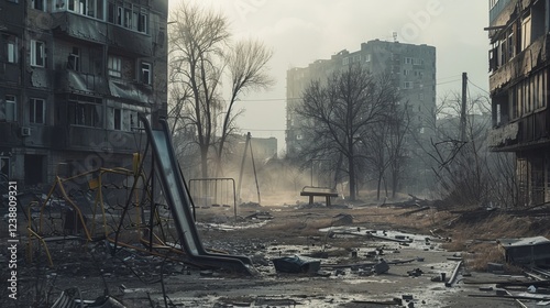 Devastated ukrainian cityscape  wrecked buildings, broken streets, and empty playgrounds