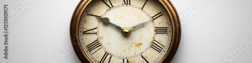 A clock with Roman numerals displayed on a clean white wall, ideal for use in time-related designs or minimalist settings