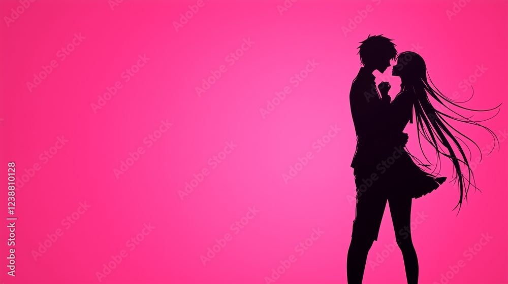 Silhouette d'un couple amoureux dans un style manga. Fond d'écran rose romantique. Silhouette d'un couple amoureux dans un style manga. Fond d'écran rose romantique.