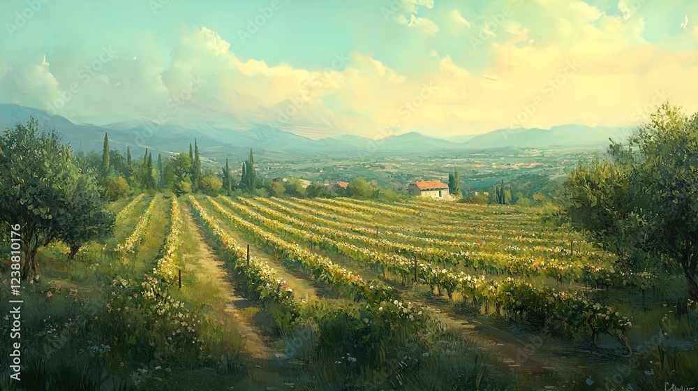 Fototapeta premium A picturesque vineyard landscape featuring rows of green vines stretching across rolling hills. The scene is illuminated by golden sunlight, casting a warm glow over the landscape. A few scattered tre