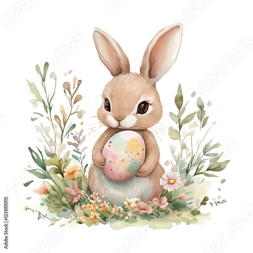 Easter rabbit holding an Easter egg in a field of flowers. The rabbit is cute and the flowers are colorful
