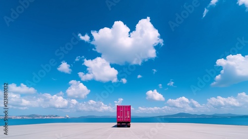 Camion poids lourd de transport à l'arrêt devant une vue sur la mer. photo