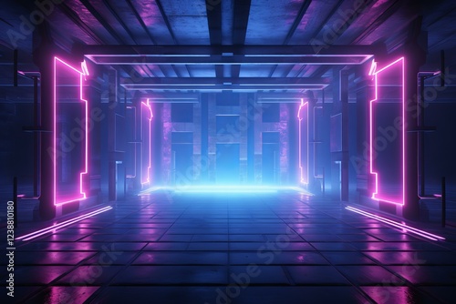 Futuristic neon glowing sci fi empty stage showroom garage underground tunnel corridor purple blue lights concrete grunge reflective tiled floor 3d rendering illustration