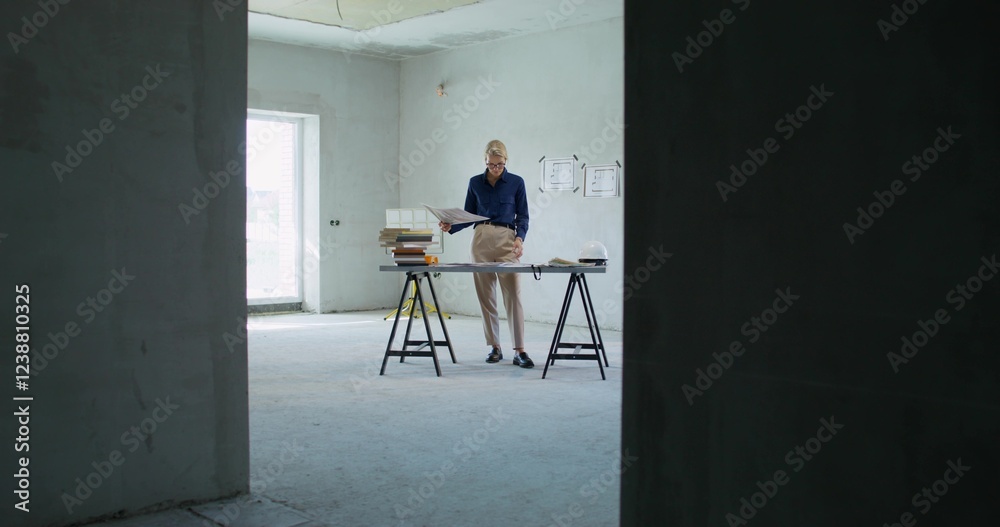 The designer is concentrating on working on the construction site, she is considering the project The designer is concentrating on working on the construction site, she is considering the project