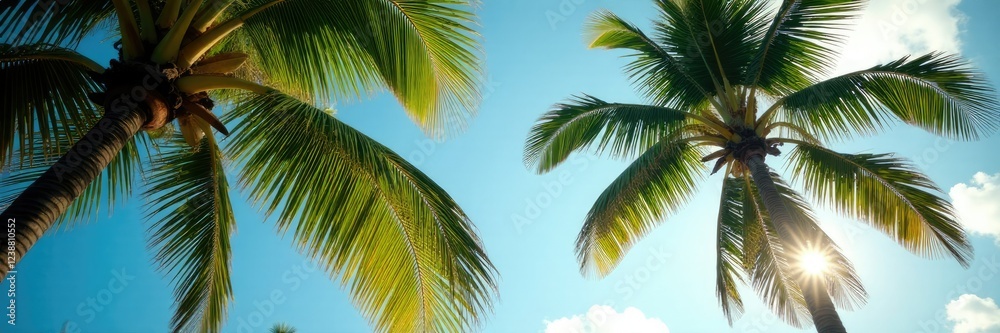 Palm fronds and branches of coconut trees rustling in the wind, peaceful scene, gentle breeze