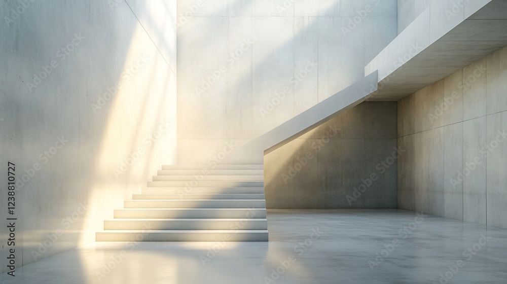 Obraz premium Modern concrete staircase bathed in warm sunlight gently illuminates minimalist interior design. AI Generated