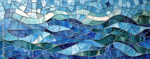 A mosaic of stained glass, depicting waves in shades of blue and green,