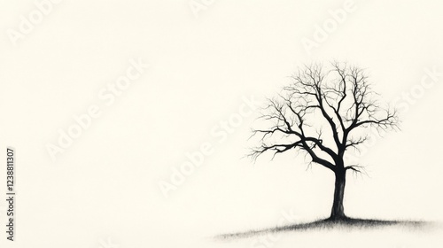 Lonely winter tree, minimalist landscape, serene scene, nature photography, stock image