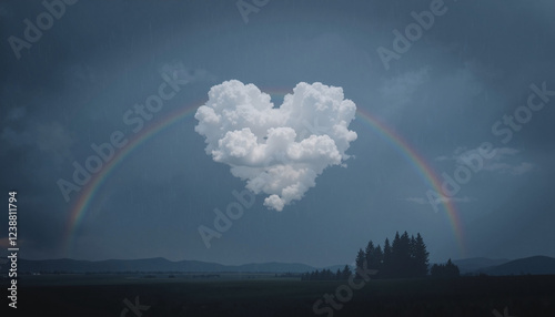 Heart cloud with rainbow in a moody sky backdrop showcasing mountains and trees with copy space