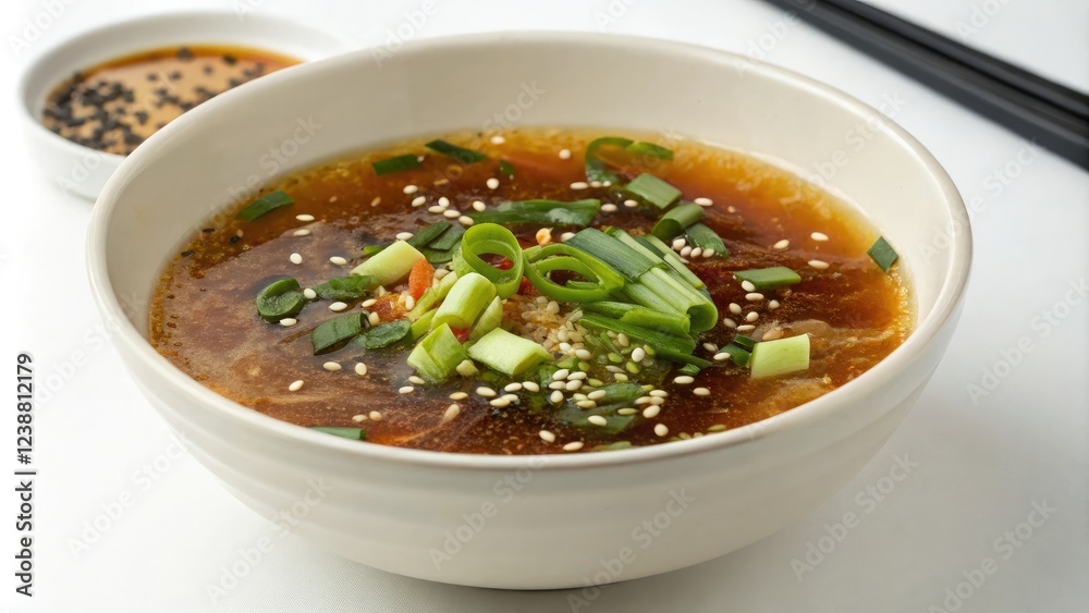 Steaming bowl of daylily soup garnished with scallions, sesame seeds, and a sprinkle of soy sauce, soy sauce, garnishes, daylily soup, scallions Steaming bowl of daylily soup garnished with scallions, sesame seeds, and a sprinkle of soy sauce, soy sauce, garnishes, daylily soup, scallions