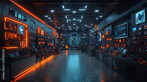 Wallpaper Mural Futuristic tech store interior, neon lights, displays, aisle Torontodigital.ca