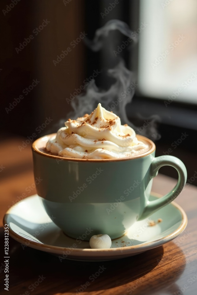 Steaming hot chocolate with marshmallows and whipped cream on top, warm, delicious, steam Steaming hot chocolate with marshmallows and whipped cream on top, warm, delicious, steam