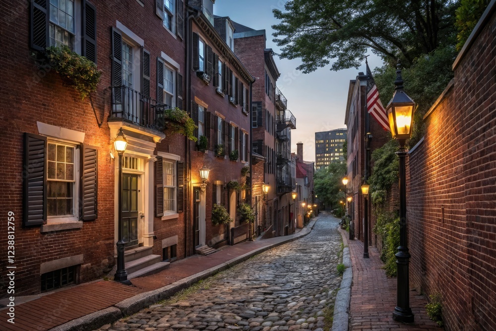 Street view of Beacon Hill neighborhood in Boston at dusk, brick buildings, historic homes Street view of Beacon Hill neighborhood in Boston at dusk, brick buildings, historic homes