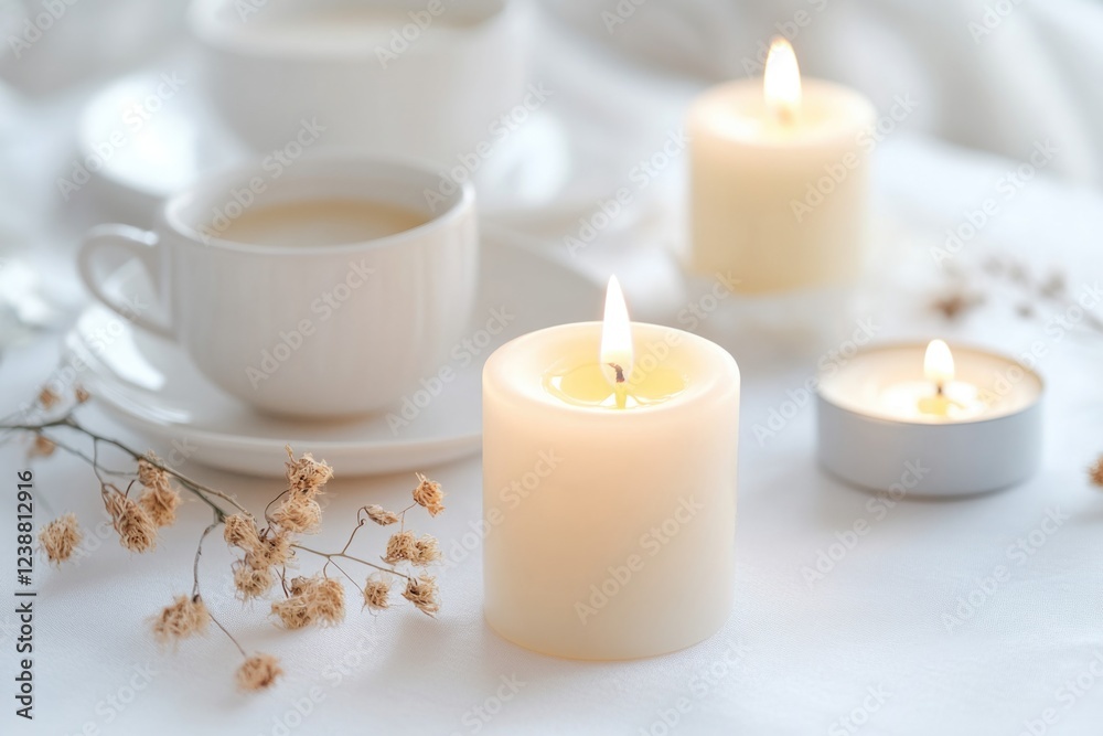 A warm and cozy scene with three lit candles on a table next to a cup of coffee