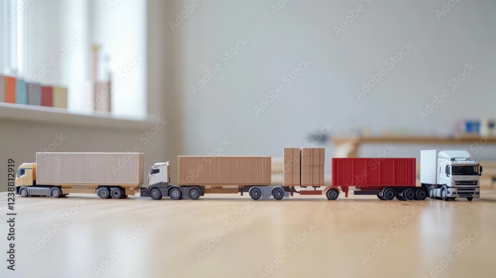 Naklejka premium Toy trucks transport cargo on wood table, blurred home background