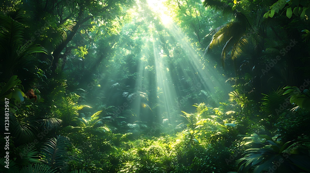 Sunbeams pierce lush tropical jungle foliage, background mist, travel brochure Sunbeams pierce lush tropical jungle foliage, background mist, travel brochure