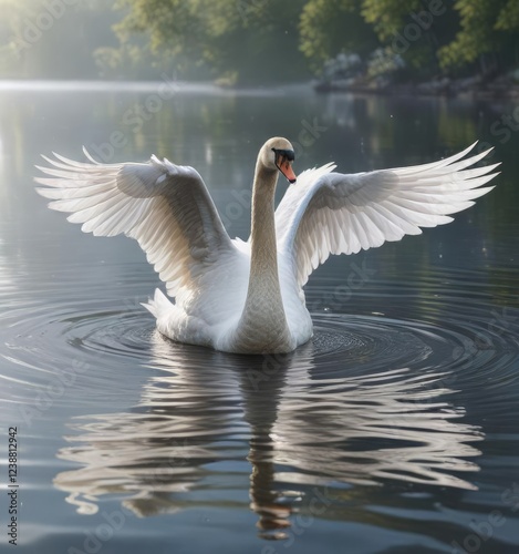 Fototapeta Naklejka Na Ścianę i Meble -  Stunning white swan cygnus olor floating on calm water with wings spread in cloudy bright day, wildlife, wings, cygnus olor, bright day, nature