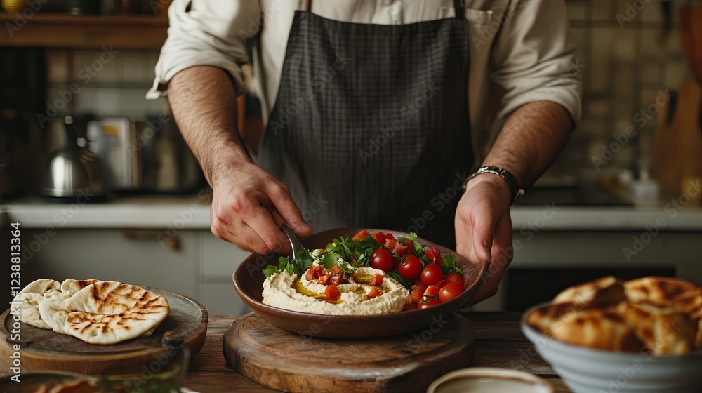 A Middle Eastern man presenting a platter of hummus and pita bread in a cozy kitchen. pic A Middle Eastern man presenting a platter of hummus and pita bread in a cozy kitchen. pic