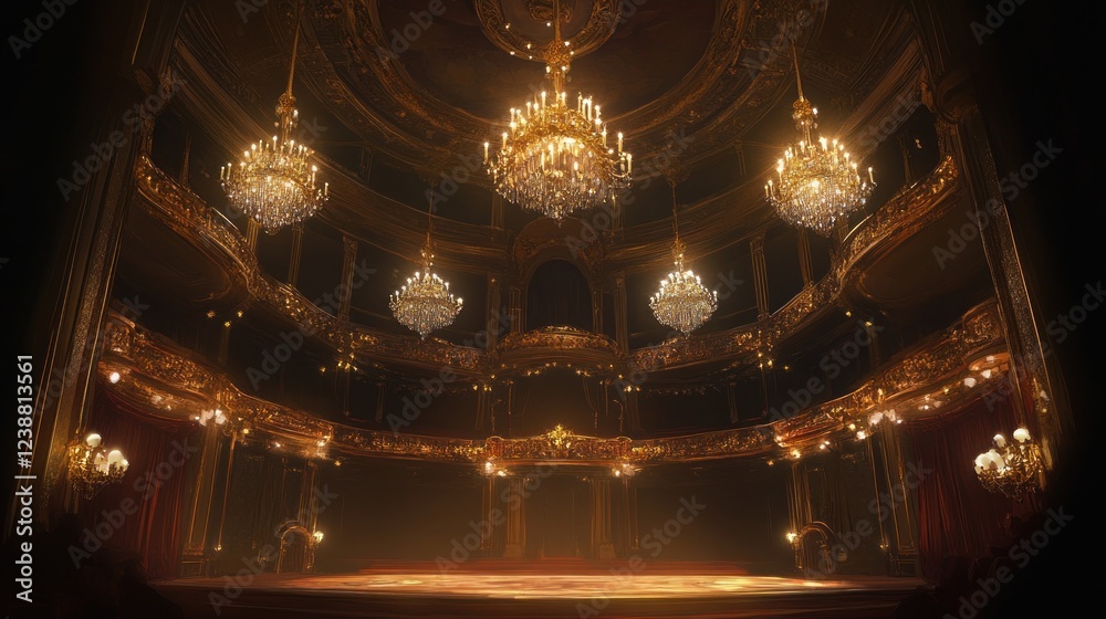 Obraz premium Opulent Golden Theater Interior With Crystal Chandeliers