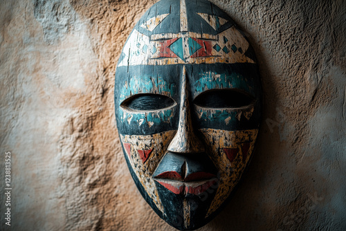 Intricate close-up of a traditional African tribal mask highlighting cultural heritage and artistry photo